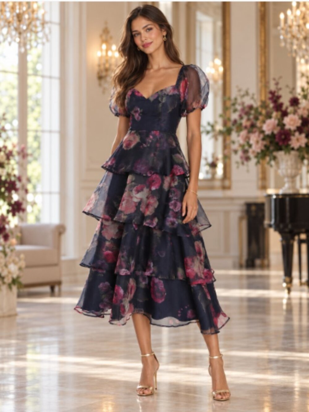 Lulus Oh-So Stunning Navy Blue Floral Organza Tiered Midi Dress